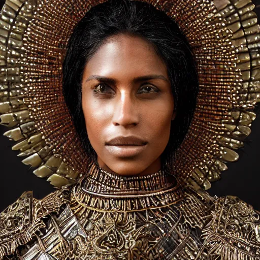 Image similar to portrait of a brown woman wearing an armor made of mother of pearl. sheen and shimmer. super intricate. photorealistic. award winning