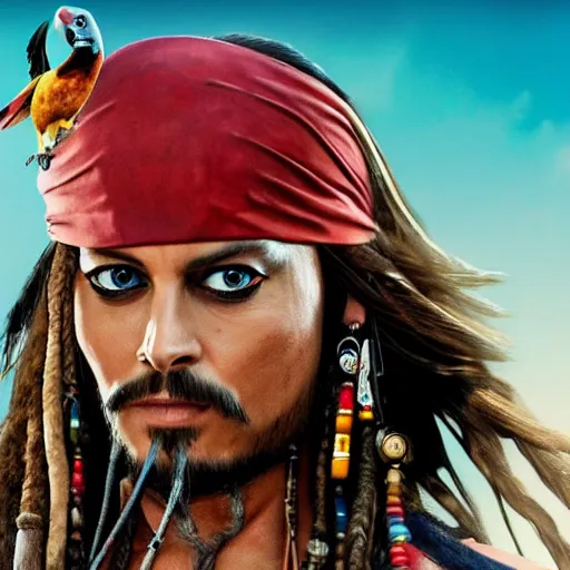 Image similar to margot robbie as jack sparrow with a parrot on the shoulder, realistic portrait, 8k resolution, hyper detailed, studio lighting, cinematic