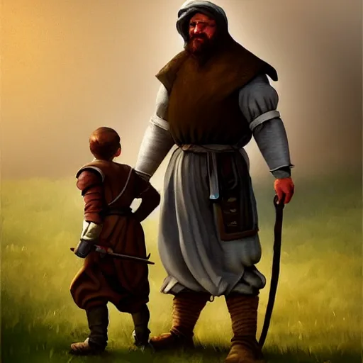 Image similar to medieval peasant boy and blacksmith, artstation, fantasy