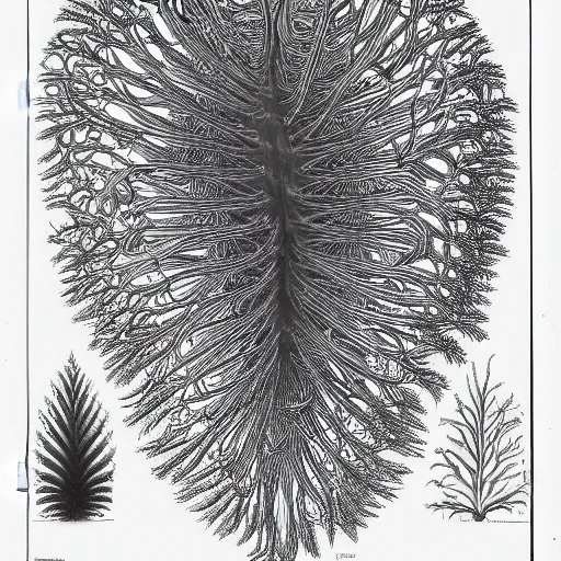 Image similar to diagram of interdimensional dendrite in non - eucledian space by ernst haeckel and geoff darrow, black background