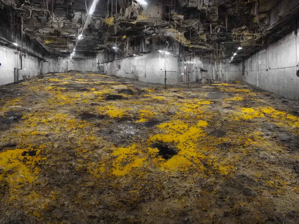 Image similar to photo of an underground waste facility, dark gloomy lighting, catwalks, yellow pools of sludge, rust