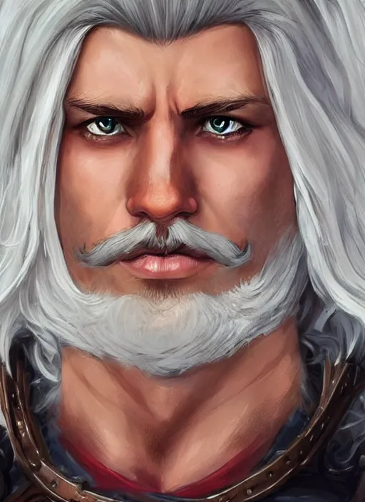 Image similar to tristan fulcher livedoce young man with short white fringe white hair and moustache, dndbeyond, bright, colourful, realistic, dnd character portrait, full body, pathfinder, pinterest, art by ralph horsley, dnd, rpg, lotr game design fanart by concept art, behance hd, artstation, deviantart, hdr render in unreal engine 5