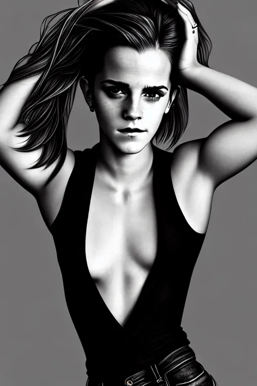 Image similar to photography emma watson wearing black tight jeans and black tight tshirt, curvy, attractive, beautiful detailed face, whole body photography, deep focus, d & d, fantasy, complex, elegant, highly detailed, digital painting, artstation, concept art, matte, clear focus, illustration, hearthstone, artgerm art, greg rutkovsky and alphonse mucha