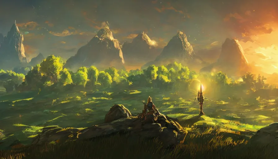 Image similar to breath of the wild elden ring beautiful landscape, concept art, glowing, dreamy, yggdrasil, golden, fromsoft