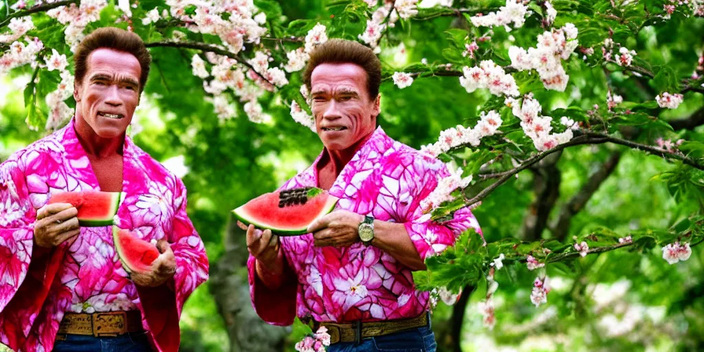 Image similar to photo, arnold schwarzenegger eats watermelon, japanese kimono, under sakura tree