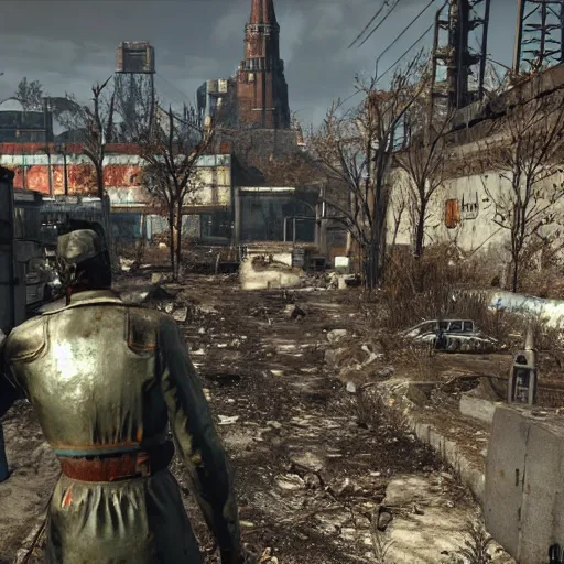 Image similar to Moscow in ruins post-nuclear war in Fallout 4, in game screenshot