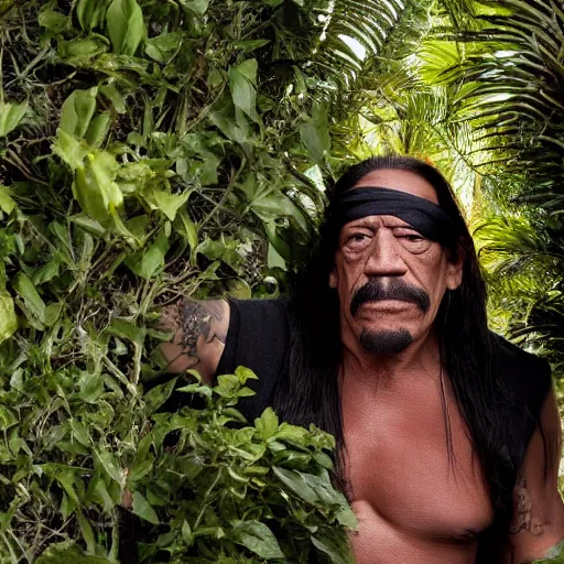 Prompt: danny trejo hiding in the bushes, high definition image