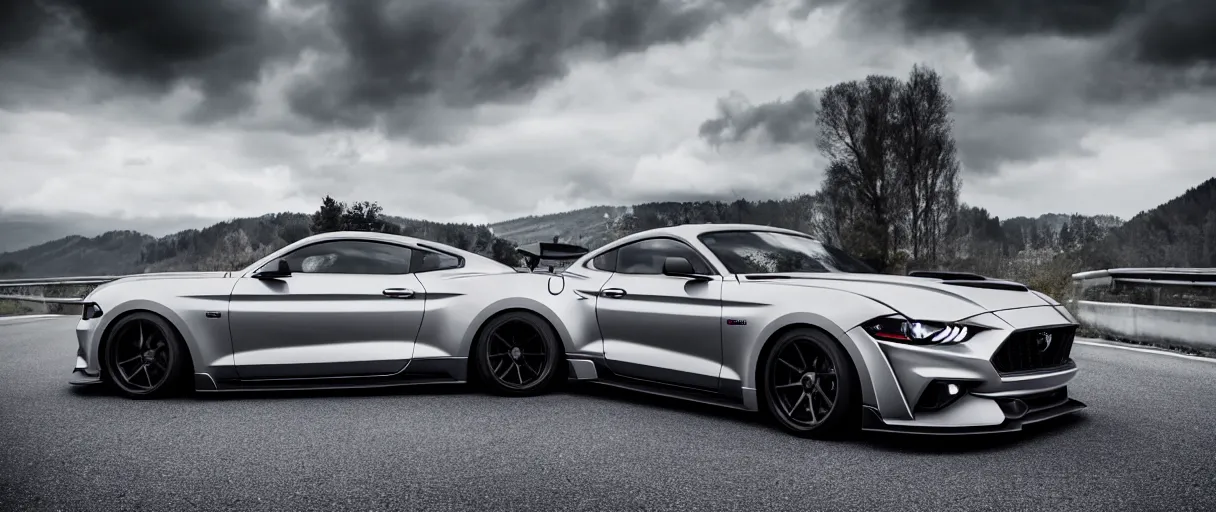 Prompt: a car and driver magazine photo shot on swiss roads, a dark silver 2020 Mustang heavily modified and customized as a performance tune street racing, black rims, samurai vinyl wrap, cinematic lighting, art station, volumetric light, low angle camera, redshift render, octane render, art station