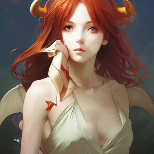 Image similar to a beautiful anime girl wtih gorgeous horns and bat wings,full body painting,by Greg Rutkowski and Ilya Kuvshinov and Alphonse Maria Mucha,super clear detailed,hyper realistic,trending on artstation,4k