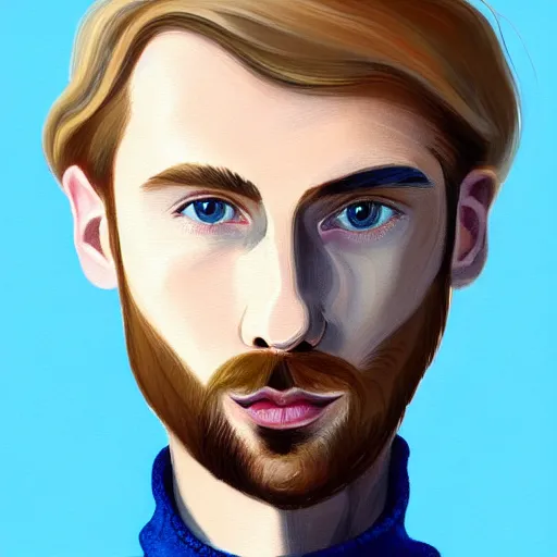 Prompt: gangly man with short dirty blond wavy hair, dirty blond stubble thin beard, no mustache, English heritage, blue eyes, middle aged, wearing a turtleneck and jacket, pale skin, narrow face, digital art, painterly, cartoon, cute, 8k, illustration, art by loish, painterly, trending on artstation, medium shot, uncropped