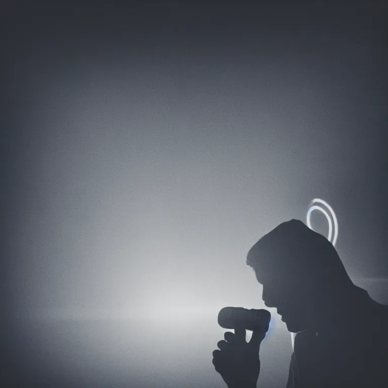 Image similar to arm holding microphone, epic pose, profile view, silhouetted, distinct figure, psychedelic hip-hop, laser light show, fog, beams of light