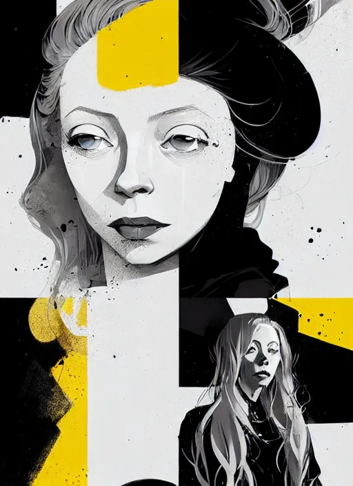 Image similar to highly detailed closeup portrait of beautiful portia doubleday, blonde wavy hair, angela moss, black suit by atey ghailan, by greg rutkowski, by greg tocchini, by james gilleard, by joe fenton, by kaethe butcher, gradient yellow, black and white color scheme, grunge aesthetic!!! ( ( graffiti tag wall background ) )