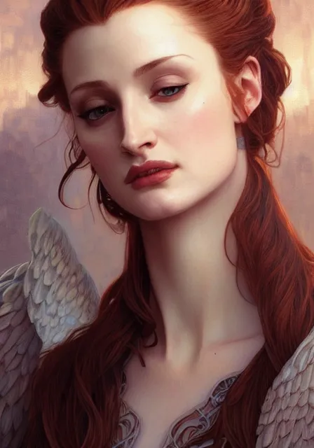 Image similar to sansa angeline jolie gessica chastain pandemic, intricate, elegant, highly detailed, digital painting, artstation, concept art, smooth, sharp focus, illustration, art by artgerm and greg rutkowski and alphonse mucha and william - adolphe bouguereau