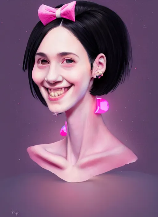 Image similar to portrait of high school girl, realistic, black hair, bangs, half updo hairstyle, pointy nose, skinny, smile, ugly, defined jawline, big chin, pink hair bow, earrings, intricate, elegant, glowing lights, highly detailed, digital painting, artstation, sharp focus, illustration, art by wlop, mars ravelo and greg rutkowski