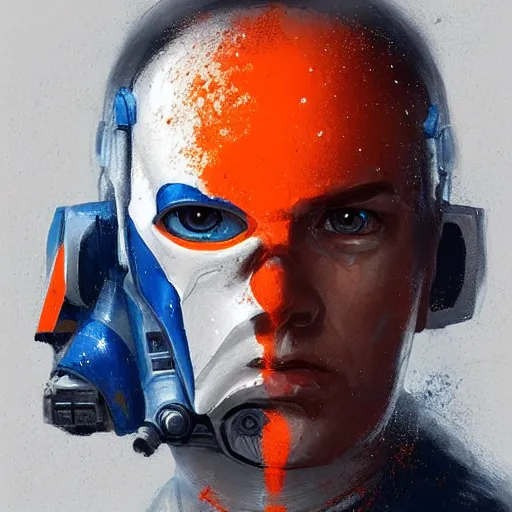 Image similar to portrait of a man by greg rutkowski, a soldier of the new galactic republic, wearing a white, blue and orange tactical gear, star wars expanded universe, highly detailed portrait, digital painting, artstation, concept art, smooth, sharp foccus ilustration, artstation hq