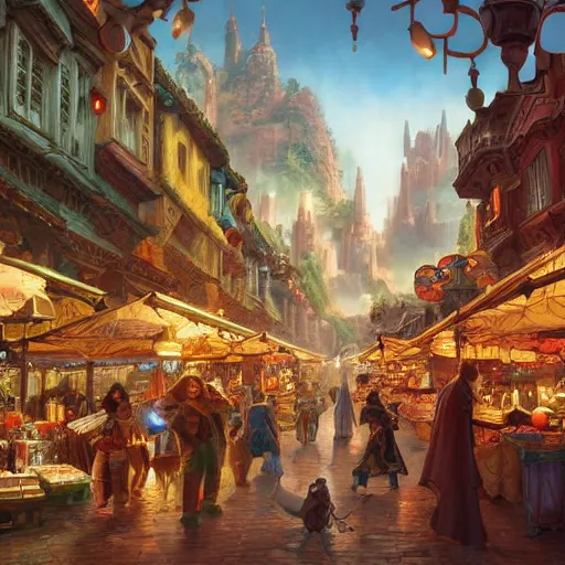 Image similar to a busy fantasy street market from within a beautiful and ornate city, by Sylvain Sarrailh, by Sebastian Luca, by Nicodemus Yang-Mattisson, cinematic, great composition, dungeons and dragons, lord of the rings