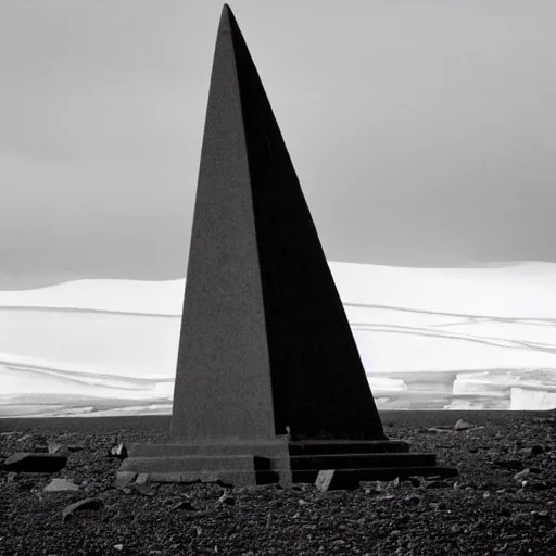 Prompt: a obelisk in antarctica. overcast sky, grainy.