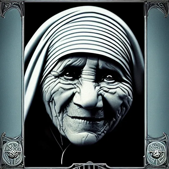 Prompt: symphony x album cover featuring photo of mother teresa, power metal album cover, trending on artstation, intricately detailed, highly detailed, classic, award winning
