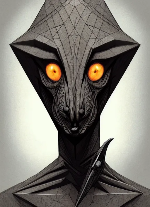 Image similar to anthropomorphic triangle head in edgy darkiron mr. bean, intricate, elegant, highly detailed animal monster, digital painting, artstation, concept art, smooth, sharp focus, illustration, art by artgerm, richard corben, wayne barlowe, trending on artstation and greg rutkowski and alphonse mucha, 8 k