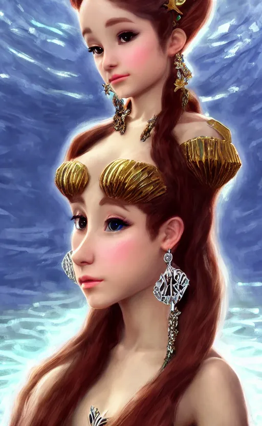 Image similar to ariana grande charming mermaid dreamlke with jewelry, character art, art by john singer sargent, hyperdetailed, 8 k realistic, symmetrical, frostbite 3 engine, cryengine, dof, trending on artstation, digital art