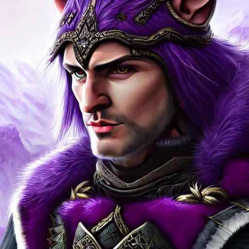 Prompt: Portrait of a seasoned warrior elf with black hair, purple plate armour and wolf skin on his shoulders. ArtStation, Fantasy, 8K, Highly Detailed.