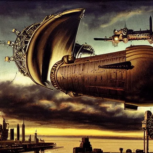 Image similar to A scene from a steampunk world, with a dirigible in the background and a Zeppelin in the foreground, oil painting, matte, black background, by J.C. Leyendecker and H.R. Giger