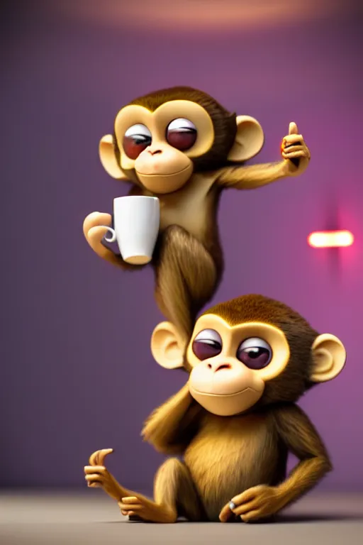 Prompt: high quality 3 d render very cute monkey! with large cup of coffee!, cyberpunk highly detailed, unreal engine cinematic smooth, in the style of blade runner & detective pikachu, hannah yata charlie immer, moody light, low angle, uhd 8 k, sharp focus