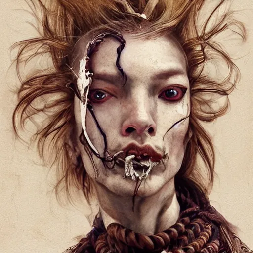 Image similar to portrait of a Shibari rope wrapped face and neck, headshot, insanely nice professional hair style, dramatic hair color, digital painting, of a old 17th century, old cyborg merchant, amber jewels, baroque, ornate clothing, scifi, realistic, hyperdetailed, chiaroscuro, concept art, art by Franz Hals and Jon Foster and Ayami Kojima and Amano and Karol Bak,