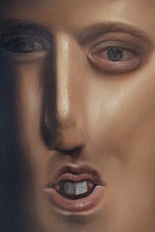 Image similar to hyperrealism oil painting, close - up portrait of face hiding in stingray medieval fashion model, knight, artwork by ken currie