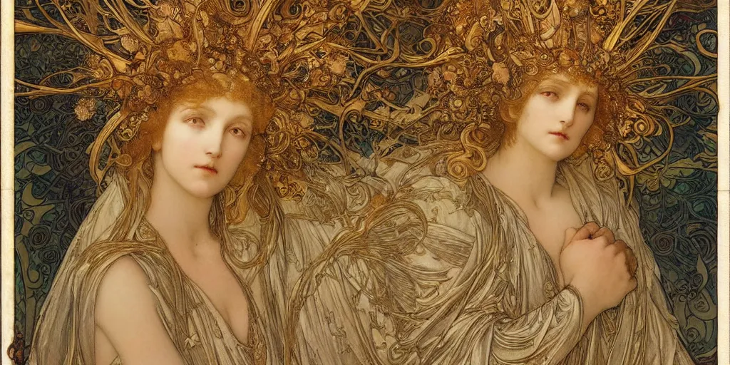 Image similar to portrait burning saint face, venus, athena, halo, by alphons mucha and annie swynnerton and jean delville, strong dramatic cinematic lighting, ornate headdress, flowing robes, spines, flowers, stars, lost civilizations, smooth, sharp focus, extremely detailed, marble, molten gold, space