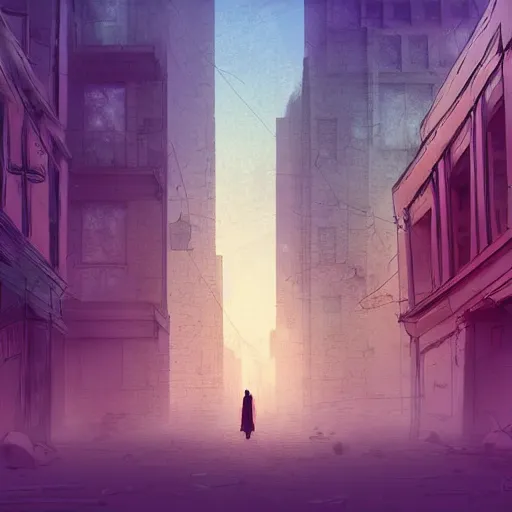 Prompt: a desolate, abandoned cityscape with ethereal figures floating through the streets, digital art, harsh lighting