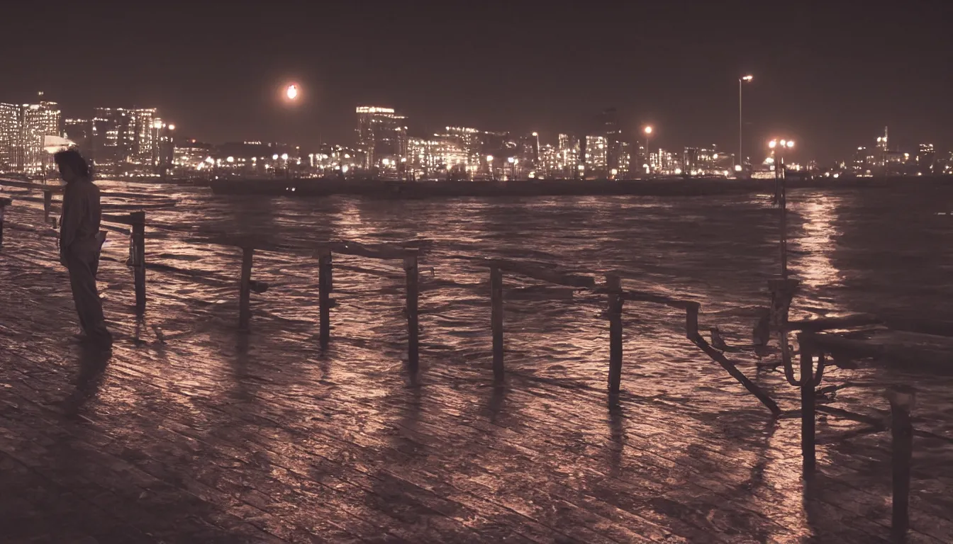 Image similar to 80s asian neon movie still with a lone man on a pier overlooking the river at night with city lights behind his back. Fallen angels movie still. hyperrealistic, high definition, medium format photography, highly detailed, tehnicolor, anamorphic 50mm lens