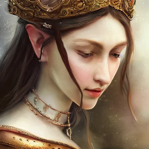 Prompt: detailing character concept portrait painting of sacred elvish young beautiful queen, art station, trending, editor’s pickup, delicate detailing by Rembrandt, 3/4 view, cinematic lighting, simple background, medium close up shot, super sharp