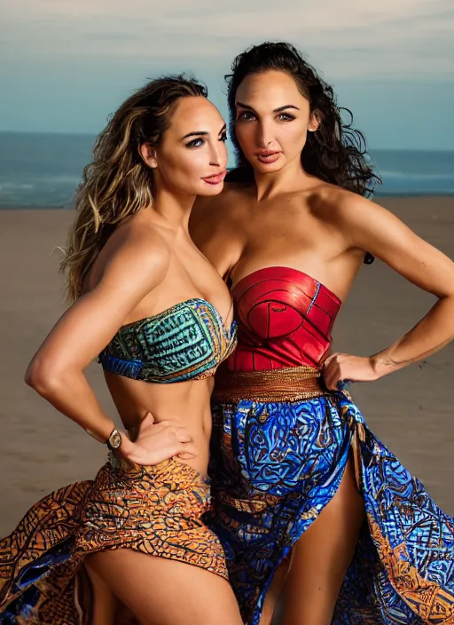 Prompt: portrait of lindsey pelas and gal gadot wearing batik tube top and sarong skirt, by charlotte grimm, natural light, detailed face, beautiful features, symmetrical, canon eos c 3 0 0, ƒ 1. 8, 3 5 mm, 8 k, medium - format print, half body shot
