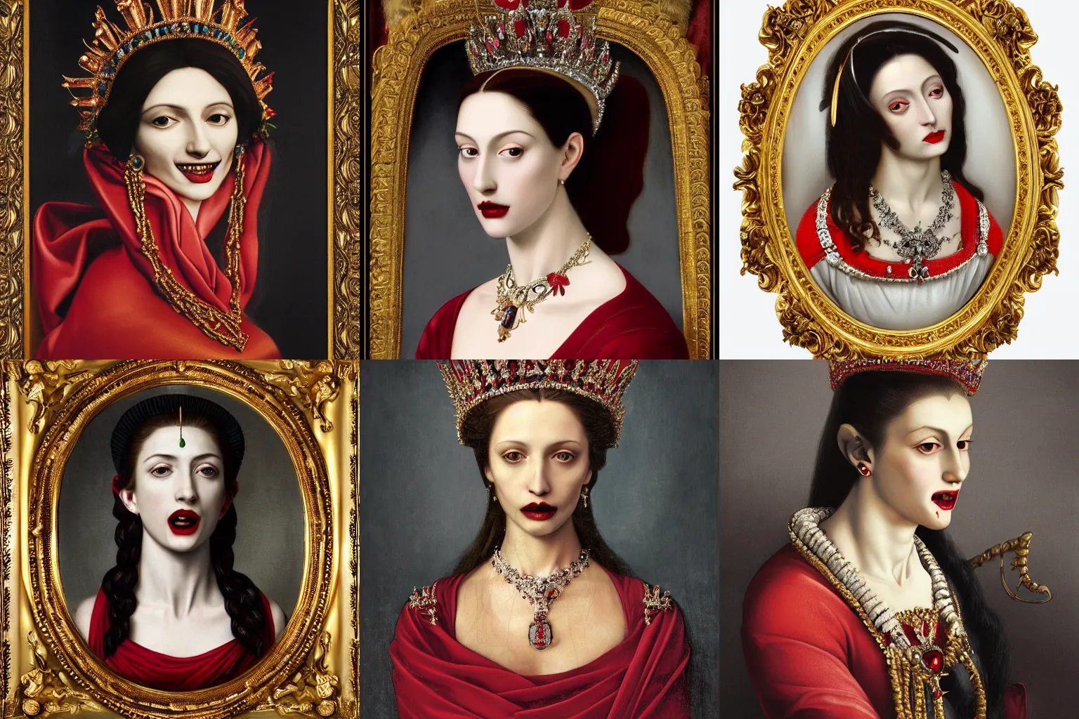 Image similar to A extremely highly detailed majestic hi-res beautiful immaculate head and shoulders painting of a beautiful bloody vampire woman with fangs wearing a long royal red silk dress, the crown jewels is on her head and around her neck is a ornate golden necklace decorated with diamonds and rupees by Michelangelo Merisi da Caravaggio, high detail, hyperrealistic, photorealistic, octante render, cinematic, high textures, royaltly, royal, hyper sharp, 4k insanely detailed and intricate, hypermaximalist, 8k, hyper realistic, super detailed, 4k HDR hyper realistic high,