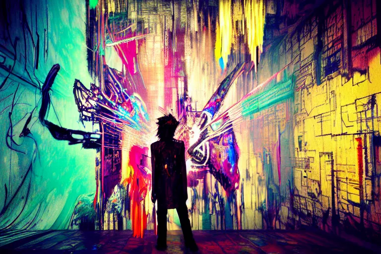 Image similar to fantasy punk elf, multilayer glitch effect in spatial perceptron synapses, matte painting, 4 k, epic composition, volumetric light, abstract illusionism, by robert rauschenberg, edvard munch, jean - michel basquiat, pour paint, modern street art, grunge wall