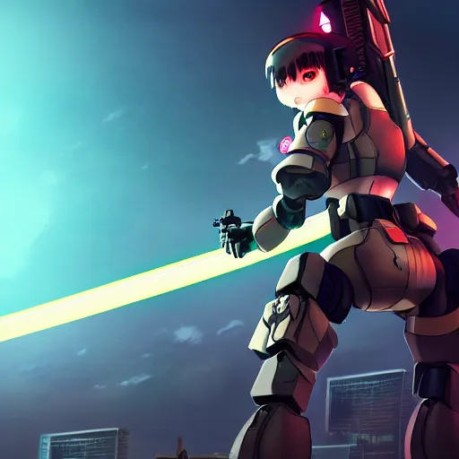 Image similar to girl in a military uniform jumping at a enemy mecha with the katana, cyberpunk anime art, full body shot, lens flare, trending on artstation, award - winning