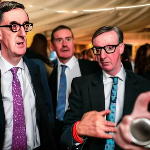 Prompt: hyperrealistic photography of jacob rees-mogg lost and confused in a rave with michael gove, wide angle, 28mm, dramatic disco lighting