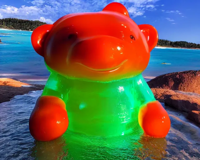 Image similar to a giant sculpture of a giant gummy bear on the ocean water, side shot, award winning, hyper - realistic, very detailed, realistic water, water splashes, ray tracing, 8 k resolution, long - shot, sharp focus, low angle, 8 5 mm photograph, wide lens