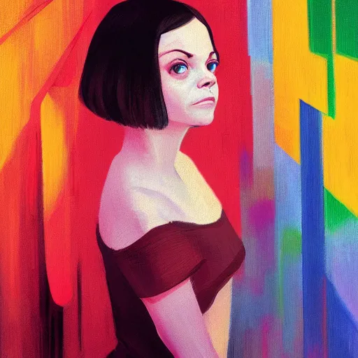 Prompt: Christina Ricci, crayon, by Atey Ghailan, by Franz Marc muted