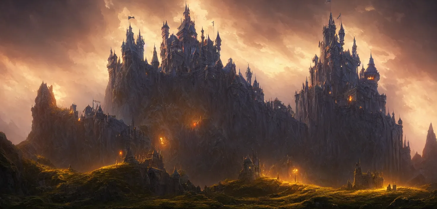 Prompt: an imposing and highly ornamented fantasy castle, carved from sapphire stone, cinematic view, epic sky, detailed, concept art, low angle, high detail, warm lighting, volumetric, godrays, vivid, beautiful, by jordan grimmer, huge scene, grass, art greg rutkowski