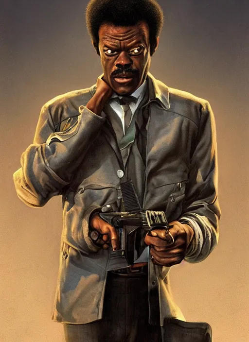 Prompt: hilarious but serious Jules Winnfield played by Samuel L. Jackson from the movie Pulp Fiction, Funny cartoonish by Gediminas Pranckevicius and mort drucker Tomasz Alen Kopera, masterpiece, trending on artstation, 8k,