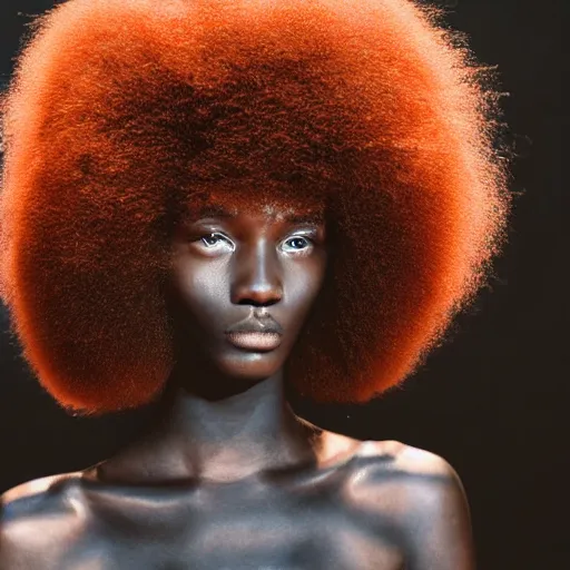 Image similar to close up of head of a black fashion model with large afro at the edge of active etna vulcan, official valentino editorial, highly detailed