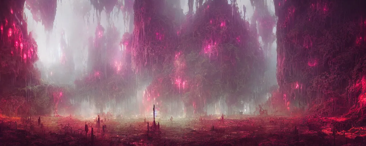 Prompt: ” fog, mycelium, roots, deep cavern, [ moist, wet, dripping, cinematic, detailed, epic, widescreen, opening, establishing, mattepainting, photorealistic, realistic textures, octane render, art by paul lehr ] ”