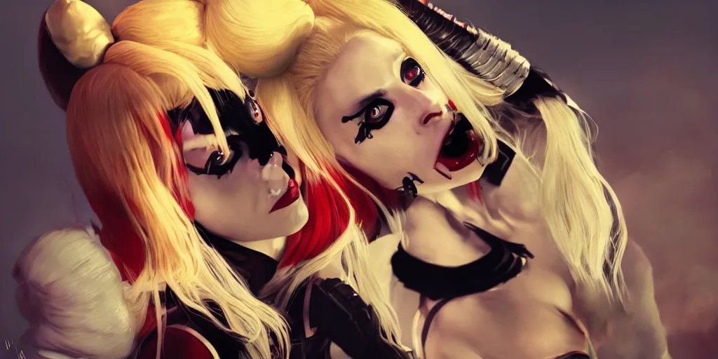 Image similar to lady gaga play harley quinn, beautiful, golden hour, sharp focus, ultra detailed, cgsociety