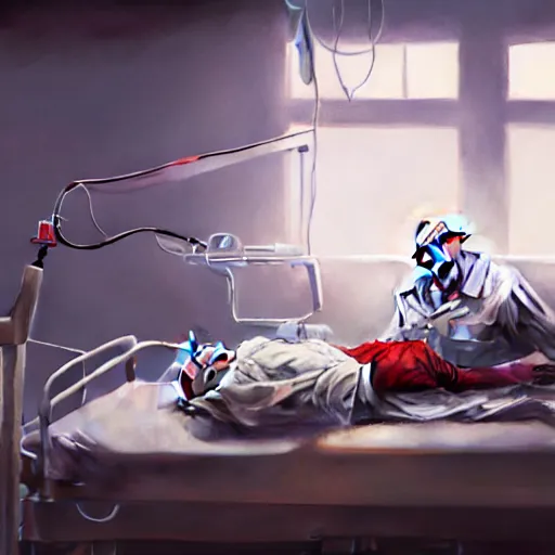 Image similar to crazy elderly clown lying in hospital bed with wrist restraints on, attached to hospital bed siderails, greg rutkowski, photograph, 8 k