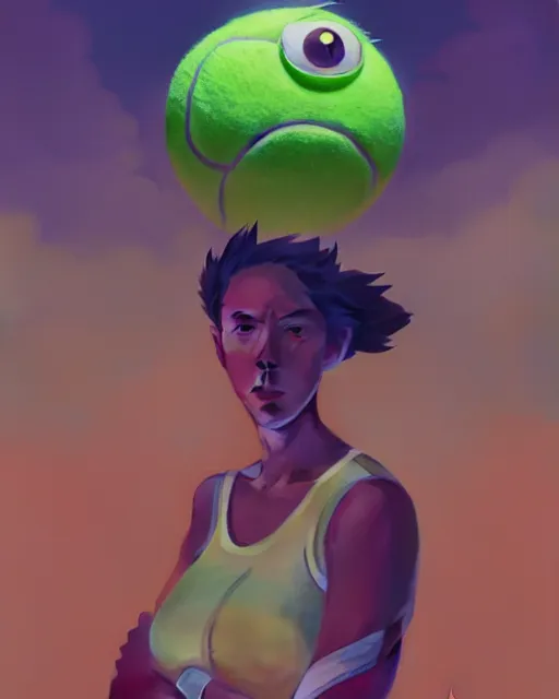 Image similar to highly detailed vfx portrait of a character of a tennis ball monster stephen bliss, unrealengine, greg rutkowski, loish, rhads, beeple, makoto shinkai and lois van baarle, ilya kuvshinov, rossdraws, tom bagshaw,