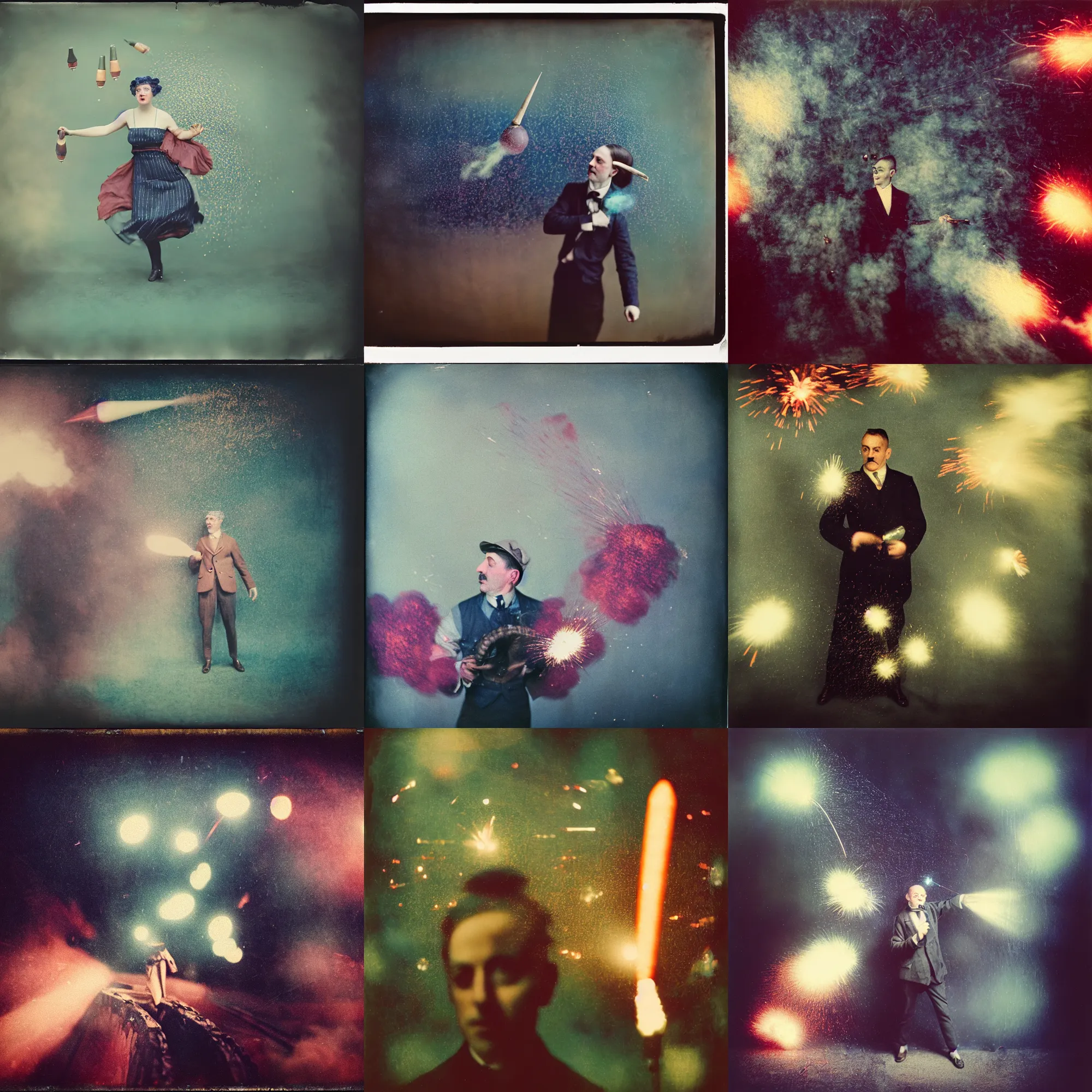 Image similar to kodak portra 4 0 0, wetplate, muted colours, blueberry, 1 9 1 0 s style, motion blur, portrait photo of a backdrop, explosions, rockets, sparkling, by georges melies and by britt marling