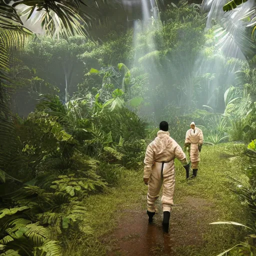 Prompt: a man wearing a hazmat suit, walking through a lush jungle, unreal engine 5, ray traced, god rays, extremely high detail