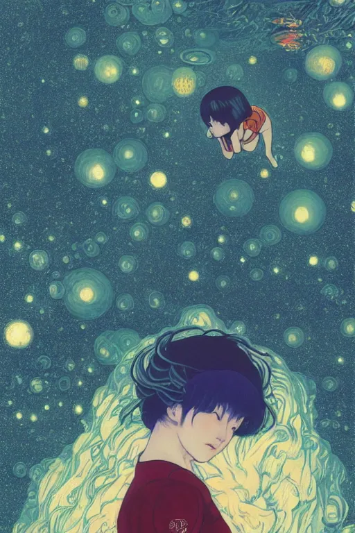 Prompt: a lonely girl floating in a spacestation, loish, yoshitoshi abe, gustav klimt, yuya nagai, Ilya Kuvshinov, murata range, jean giraud, makoto shinkai, kawaii, sketch, alphonse mucha, vibrant colors, matte print, high saturation, detailed, studio lighting, anime, 1980s